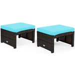 2 Pieces Patio Rattan Ottomans All Weather Outdoor Footstools Footrest Seats with Soft Cushions