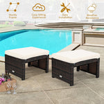 2 Pieces Patio Rattan Ottomans All Weather Outdoor Footstools Footrest Seats with Soft Cushions