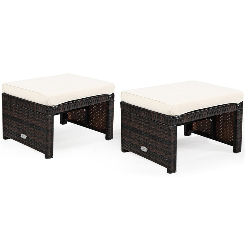 2 Pieces Patio Rattan Ottomans All Weather Outdoor Footstools Footrest Seats with Soft Cushions