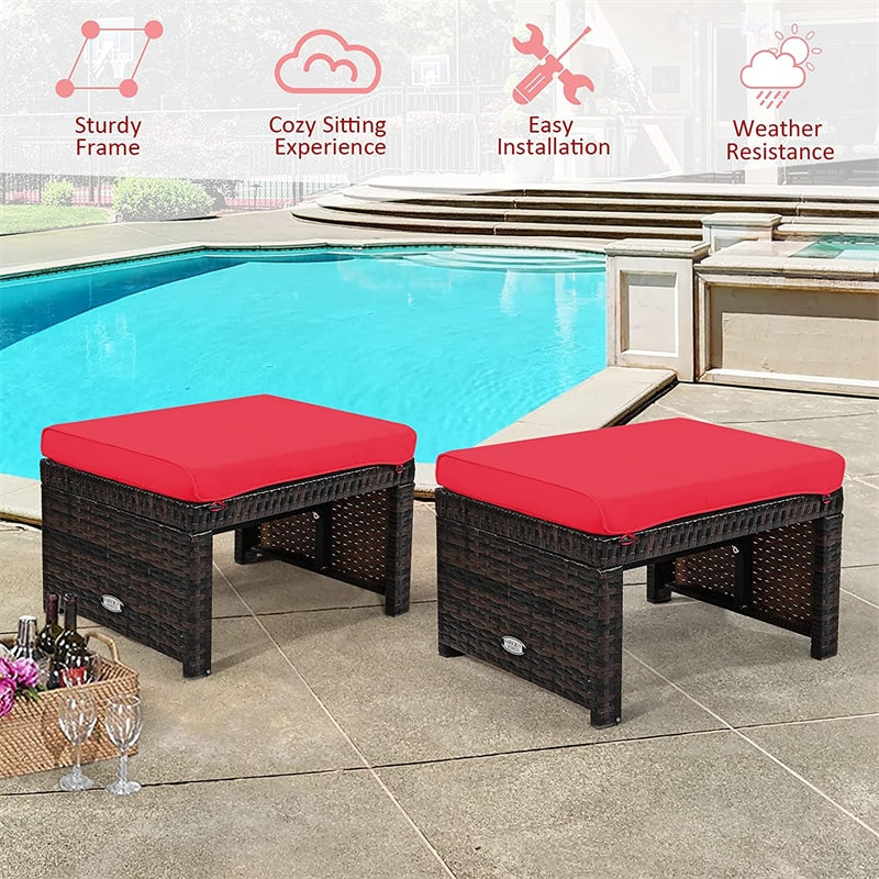 2 Pieces Patio Rattan Ottomans All Weather Outdoor Footstools Footrest Seats with Soft Cushions