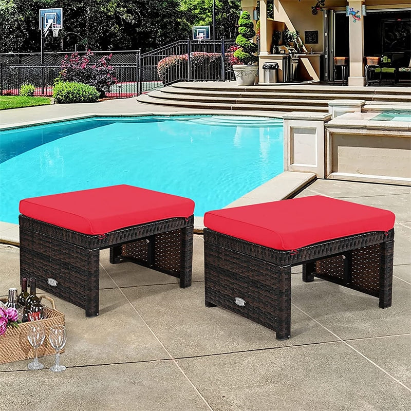 2 Pieces Patio Rattan Ottomans All Weather Outdoor Footstools Footrest Seats with Soft Cushions