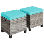 2 Pieces Wicker Patio Ottomans Outdoor Rattan Footstools with Removable Cushions