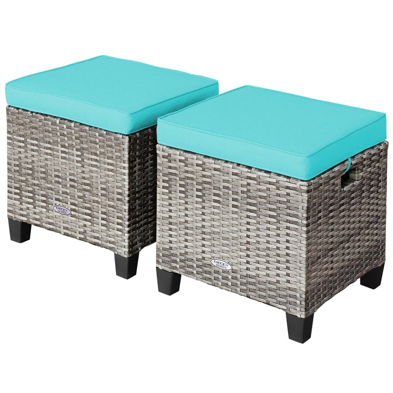 2 Pieces Wicker Patio Ottomans Outdoor Rattan Footstools with Removable Cushions