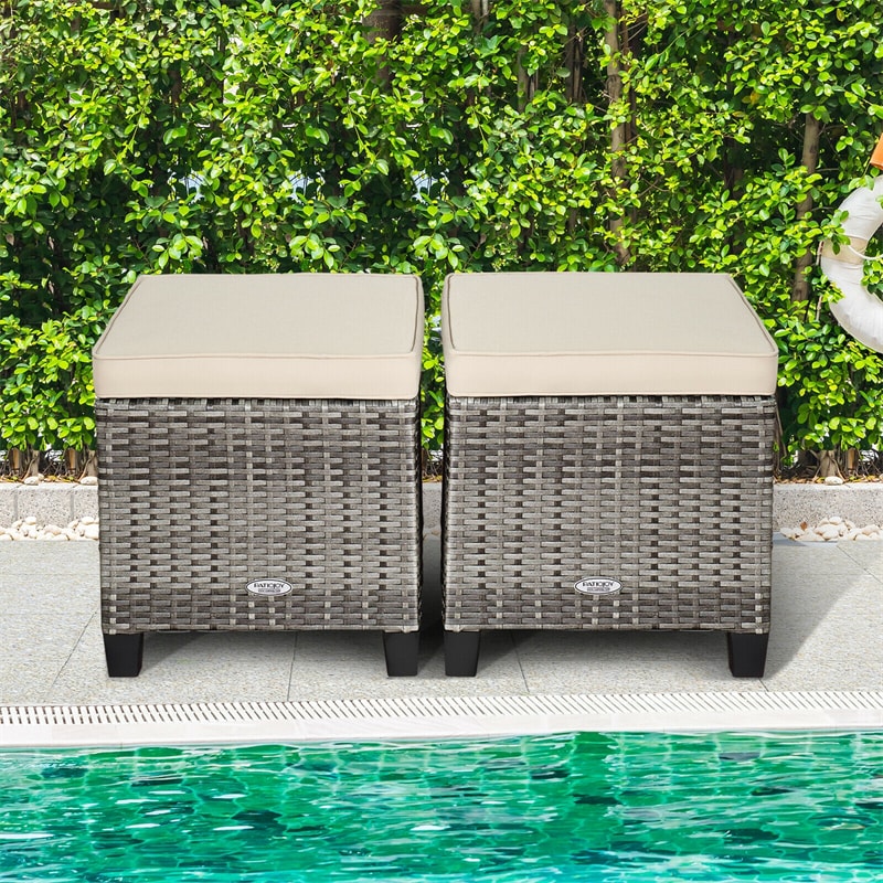 2 Pieces Wicker Patio Ottomans Outdoor Rattan Footstools with Removable Cushions