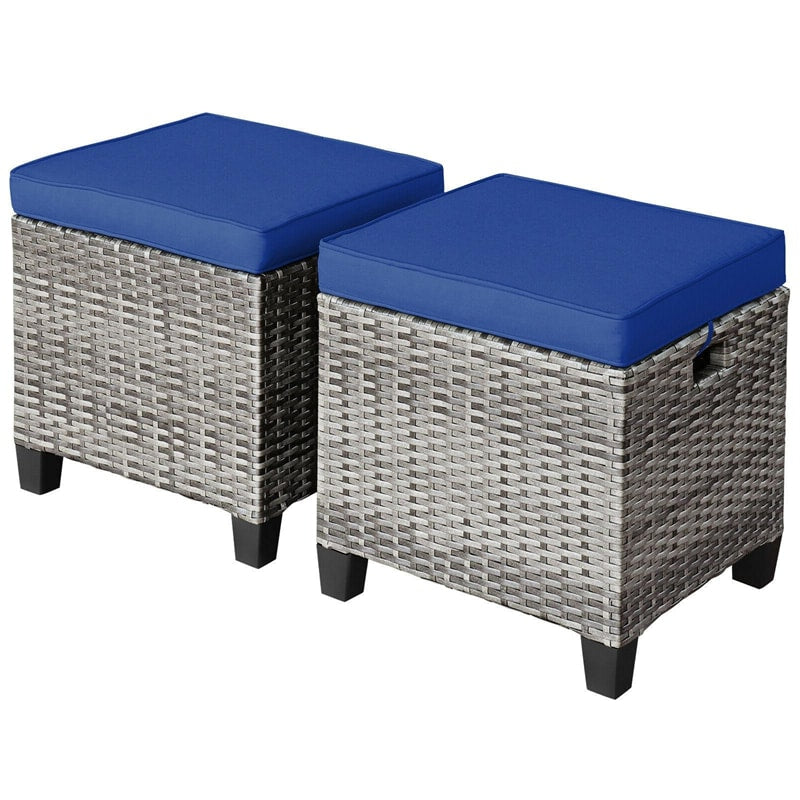 2 Pieces Wicker Patio Ottomans Outdoor Rattan Footstools with Removable Cushions