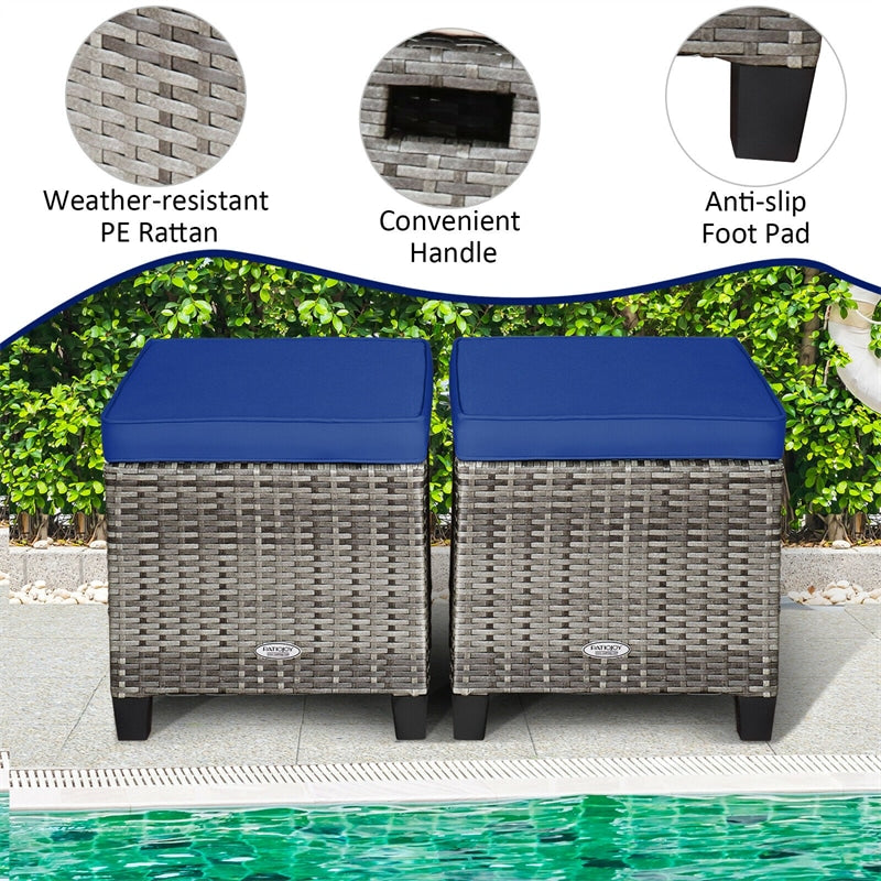 2 Pieces Wicker Patio Ottomans Outdoor Rattan Footstools with Removable Cushions