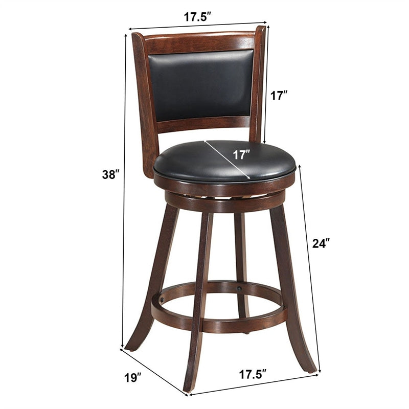 Swivel Bar Stool Set of 2, 24" Counter Height Bar Stools Rubber Wood Frame with PVC Leather Cushioned Seat & Back for Kitchen Island Pub