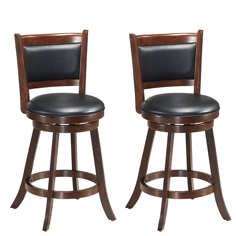 24" Swivel Bar Stool Set of 2 Upholstered Counter Height Bar Stools Wooden Dining Chair with PVC Cushioned Seat