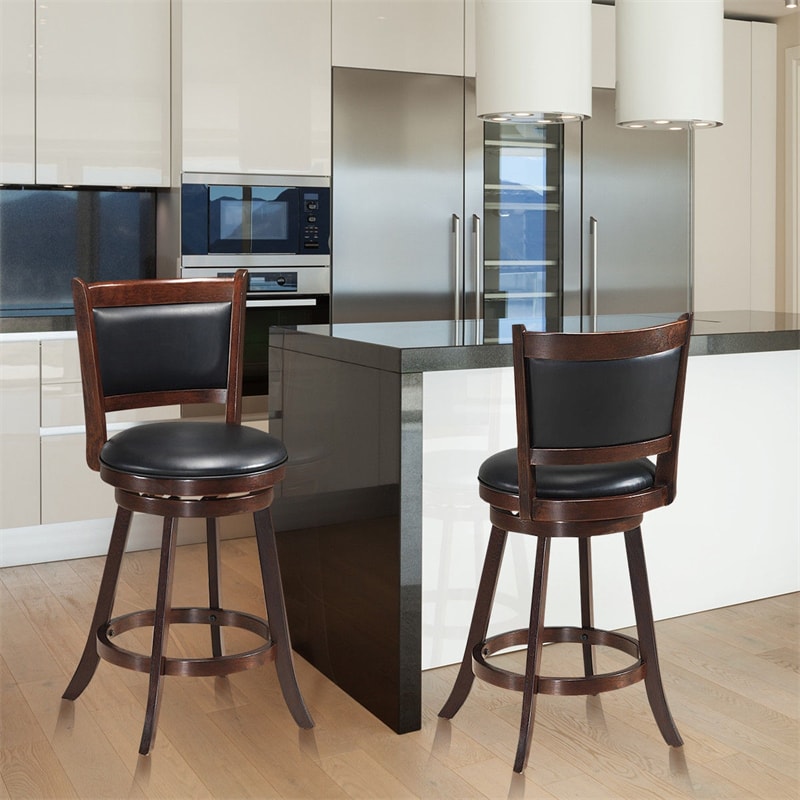 Swivel Bar Stool Set of 2, 24" Counter Height Bar Stools Rubber Wood Frame with PVC Leather Cushioned Seat & Back for Kitchen Island Pub