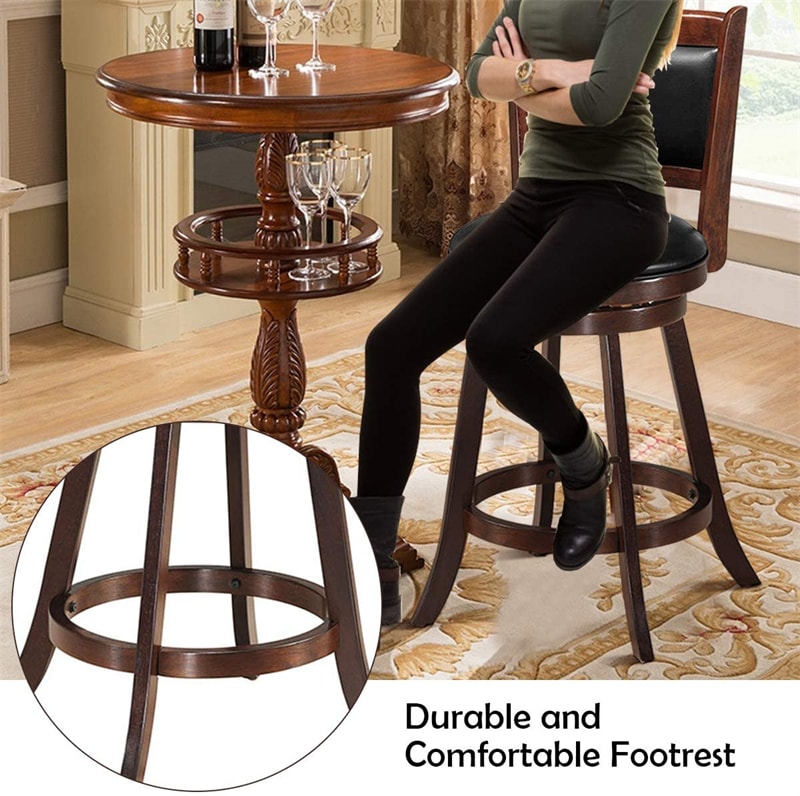 Swivel Bar Stool Set of 2, 24" Counter Height Bar Stools Rubber Wood Frame with PVC Leather Cushioned Seat & Back for Kitchen Island Pub