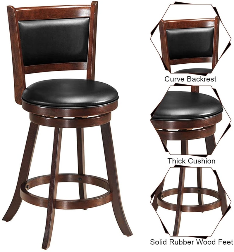 Swivel Bar Stool Set of 2, 24" Counter Height Bar Stools Rubber Wood Frame with PVC Leather Cushioned Seat & Back for Kitchen Island Pub