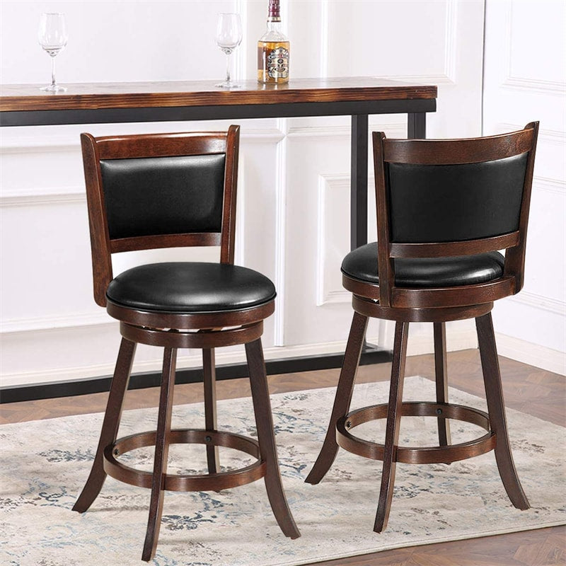 Swivel Bar Stool Set of 2, 24" Counter Height Bar Stools Rubber Wood Frame with PVC Leather Cushioned Seat & Back for Kitchen Island Pub