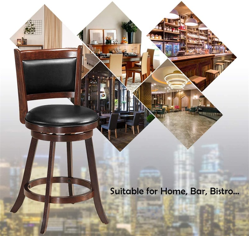 Swivel Bar Stool Set of 2, 24" Counter Height Bar Stools Rubber Wood Frame with PVC Leather Cushioned Seat & Back for Kitchen Island Pub