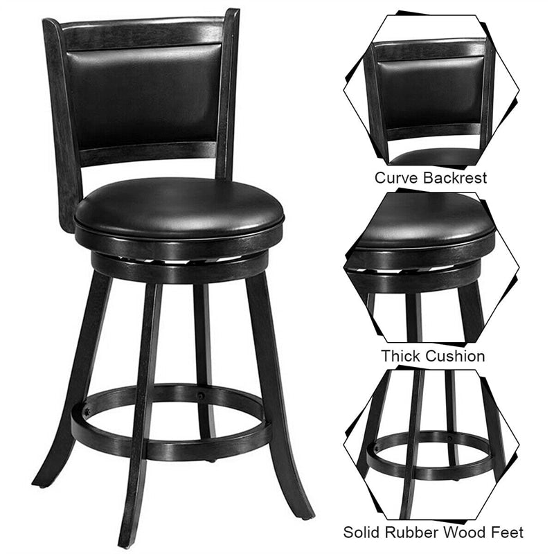 Swivel Bar Stool Set of 2, 24" Counter Height Bar Stools Rubber Wood Frame with PVC Leather Cushioned Seat & Back for Kitchen Island Pub