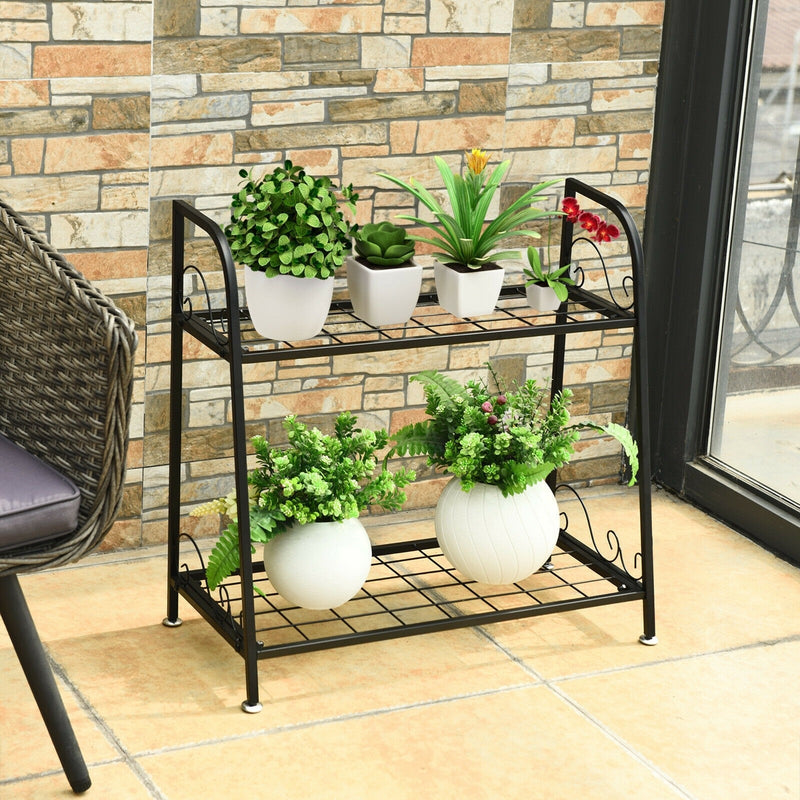 2 Tier Metal Plant Stand Flower Pots Holder with Adjustable Feet