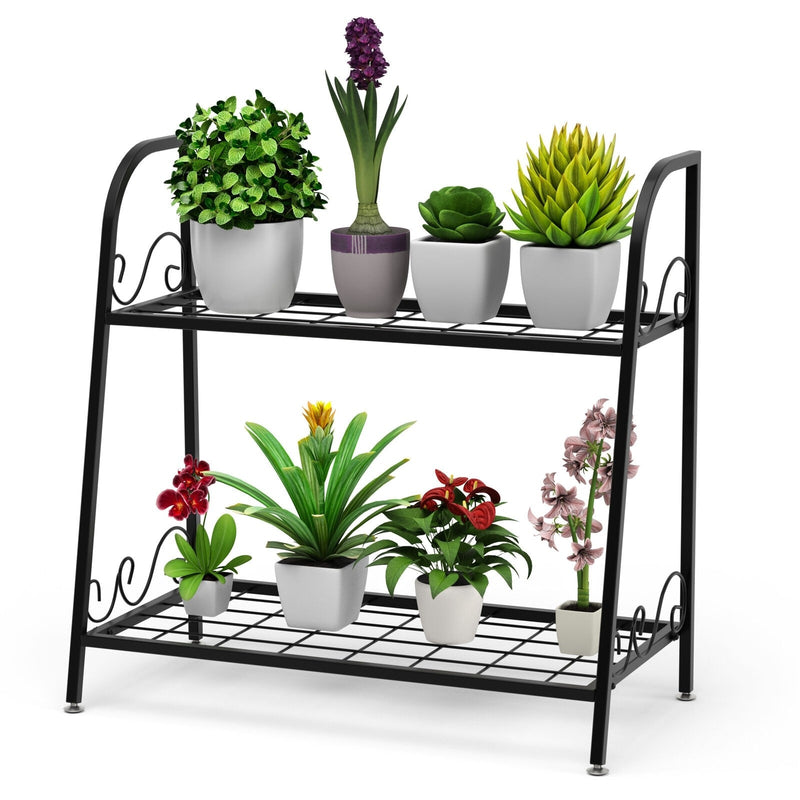 2 Tier Metal Plant Stand Flower Pots Holder with Adjustable Feet