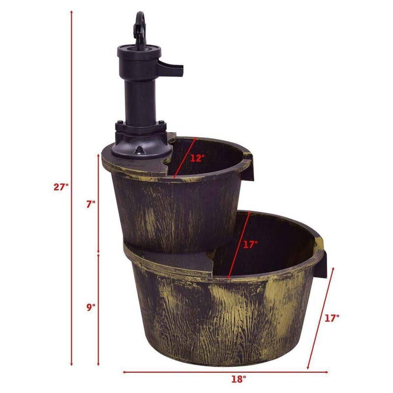 2-Tier Barrel Waterfall Fountain Rustic Wood Outdoor Water Fountain with Electric Pump for Garden Backyard Decor