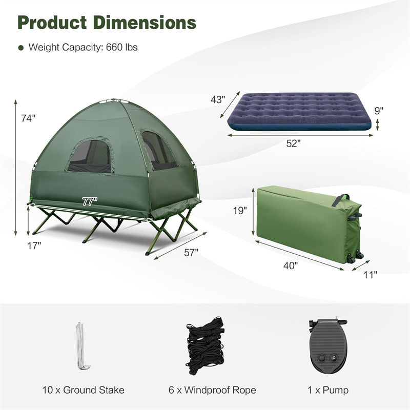 5-in-1 Tent Cot 2-Person Portable Outdoor Camping Cot Tent Combo with Air Mattress Sleeping Bag & Sunshade