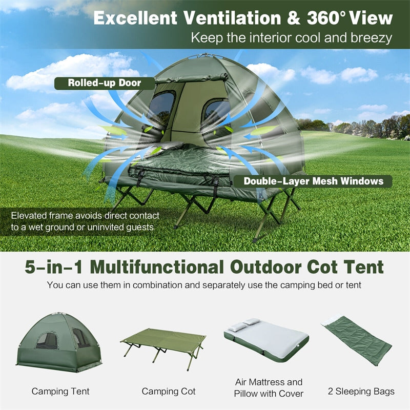 5-in-1 Tent Cot 2-Person Portable Outdoor Camping Cot Tent Combo with Air Mattress Sleeping Bag & Sunshade