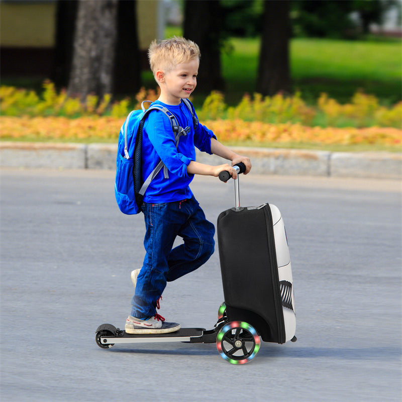 2-in-1 Hardshell Ride on Scooter Suitcase Kids Folding Scooter Luggage with Lighted Wheels & Retractable Handle