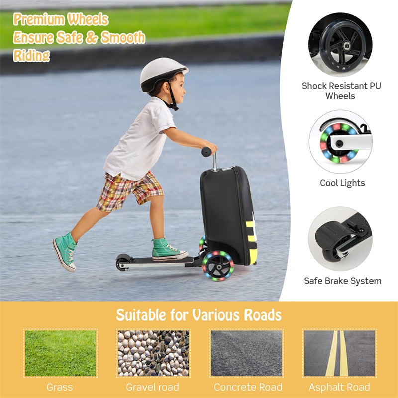 2-in-1 Hardshell Ride on Scooter Suitcase Kids Folding Scooter Luggage with Lighted Wheels & Retractable Handle