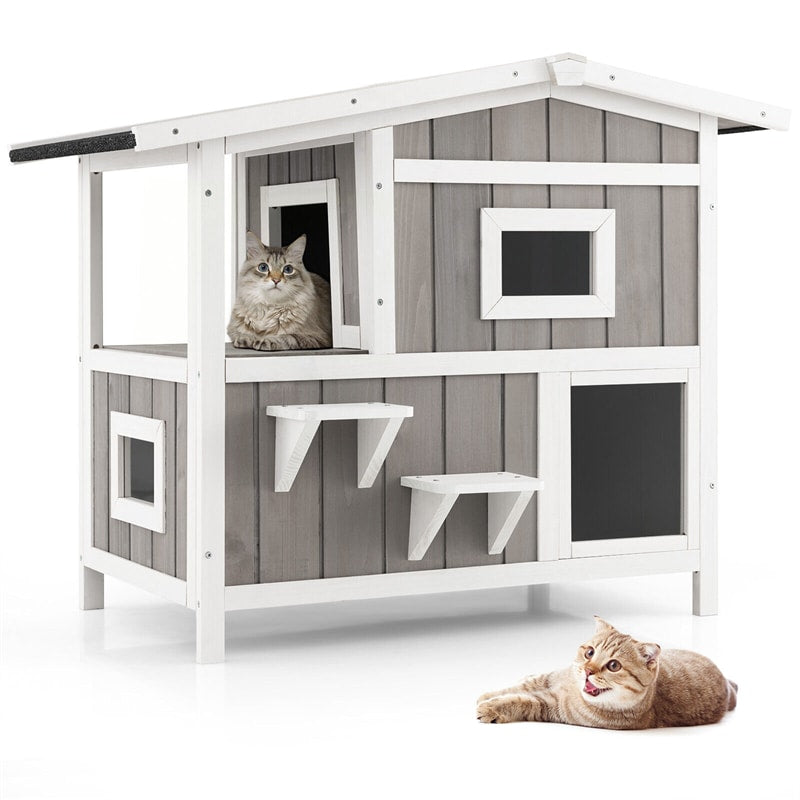 2-Story Outdoor Cat House Weatherproof Wooden Feral Cat Shelter Kitten Condo Cage Furniture with Escape Door Balcony & 2 Jumping Platforms