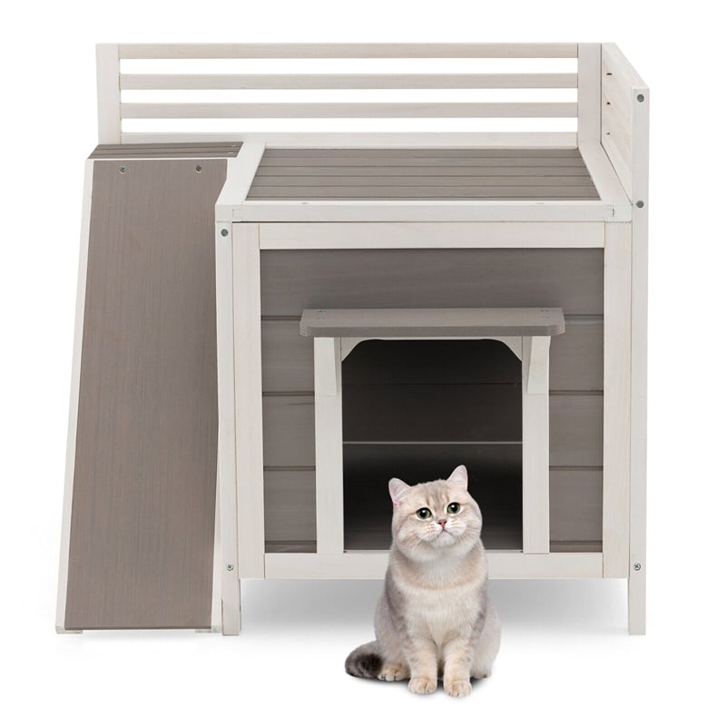 2-Story Outdoor Cat House All-Weather Wooden Feral Cat House Kitten Shelter with Escape Doors & Side Ladder