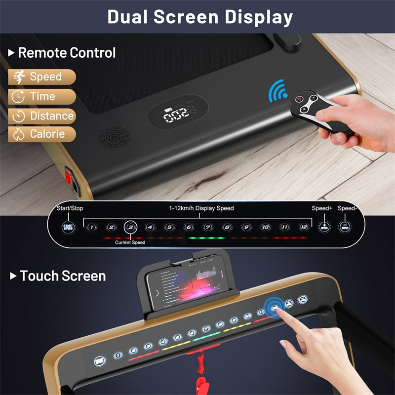 2 in 1 Folding Treadmill 2.25HP Superfit Under Desk Treadmill with Dual Display, Remote & Smart App Control, Walking Pad Treadmill for Home