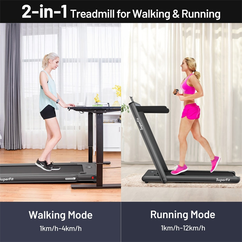 2 in 1 Folding Treadmill 2.25HP Superfit Under Desk Treadmill with Dual Display, Remote & Smart App Control, Walking Pad Treadmill for Home