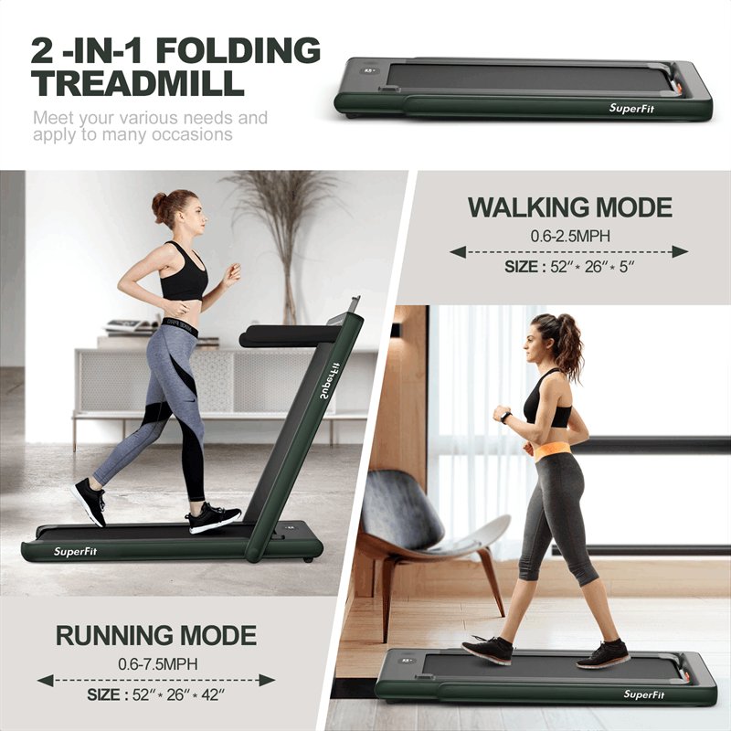 2 in 1 Folding Treadmill 2.25HP Superfit Under Desk Treadmill with Dual Display, Remote & Smart App Control, Walking Pad Treadmill for Home