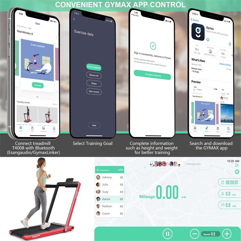 2 in 1 Folding Treadmill 2.25HP Superfit Under Desk Treadmill with Dual Display, Remote & Smart App Control, Walking Pad Treadmill for Home