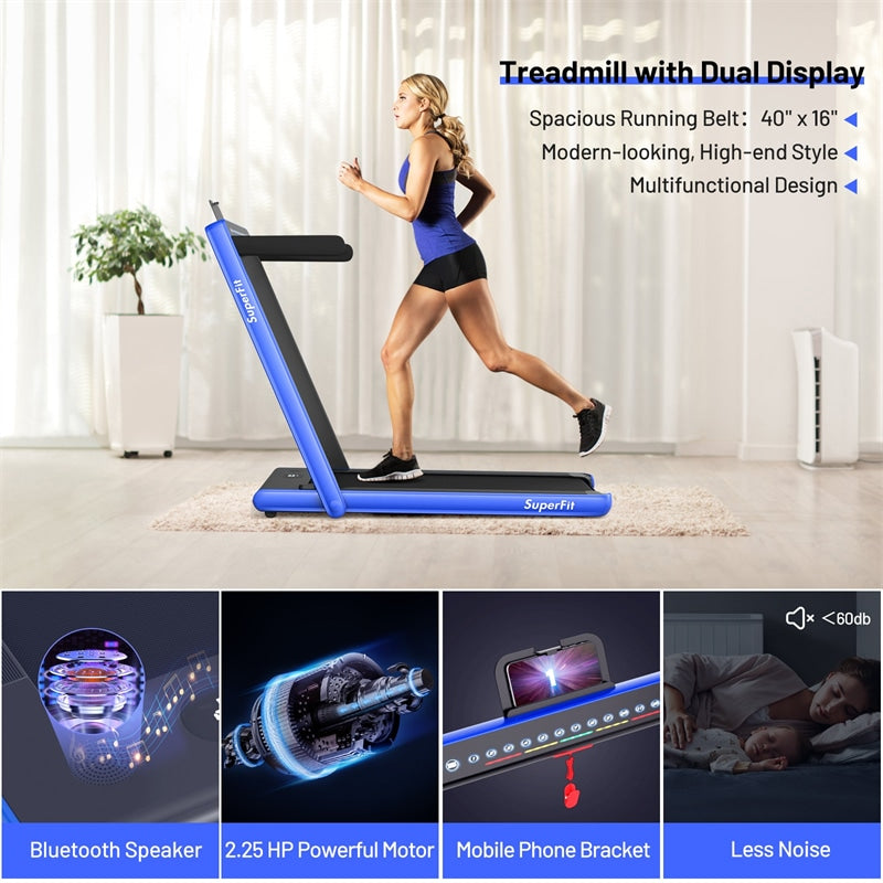 2 in 1 Folding Treadmill 2.25HP Superfit Under Desk Treadmill with Dual Display, Remote & Smart App Control, Walking Pad Treadmill for Home