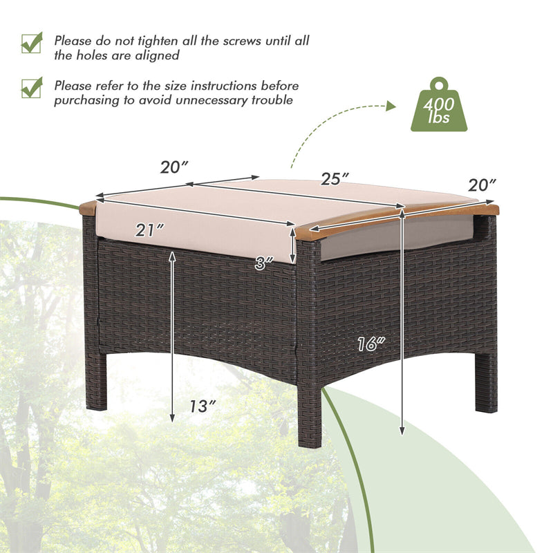 2 Piece Patio Rattan Ottomans Footrests Wicker Footstools with Acacia Wood Handles Soft Cushions