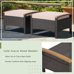 2 Piece Patio Rattan Ottomans Footrests Wicker Footstools with Acacia Wood Handles Soft Cushions