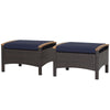 2 Piece Patio Rattan Ottomans Footrests Wicker Footstools with Acacia Wood Handles Soft Cushions