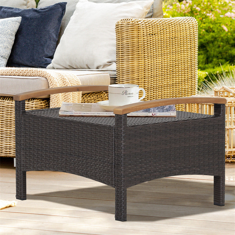 2 Piece Patio Rattan Ottomans Footrests Wicker Footstools with Acacia Wood Handles Soft Cushions