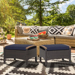 2 Piece Patio Rattan Ottomans Footrests Wicker Footstools with Acacia Wood Handles Soft Cushions