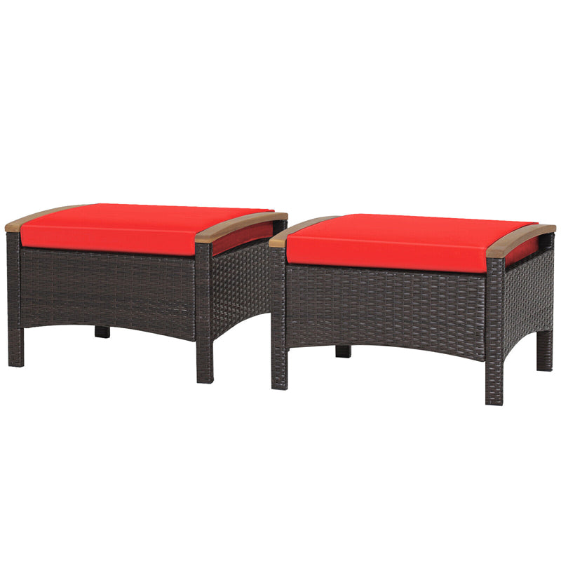 2 Piece Patio Rattan Ottomans Footrests Wicker Footstools with Acacia Wood Handles Soft Cushions