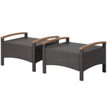 2 Piece Patio Rattan Ottomans Footrests Wicker Footstools with Acacia Wood Handles Soft Cushions