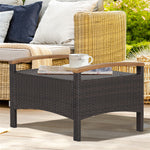 2 Piece Patio Rattan Ottomans Footrests Wicker Footstools with Acacia Wood Handles Soft Cushions