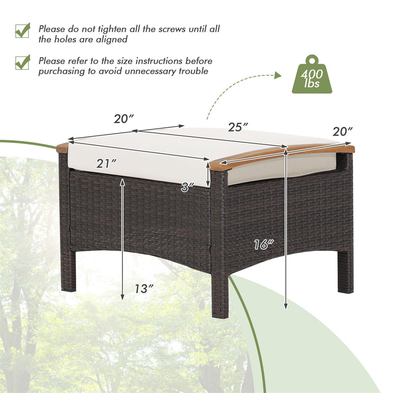 2 Piece Patio Rattan Ottomans Footrests Wicker Footstools with Acacia Wood Handles Soft Cushions