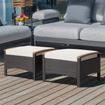 2 Piece Patio Rattan Ottomans Footrests Wicker Footstools with Acacia Wood Handles Soft Cushions