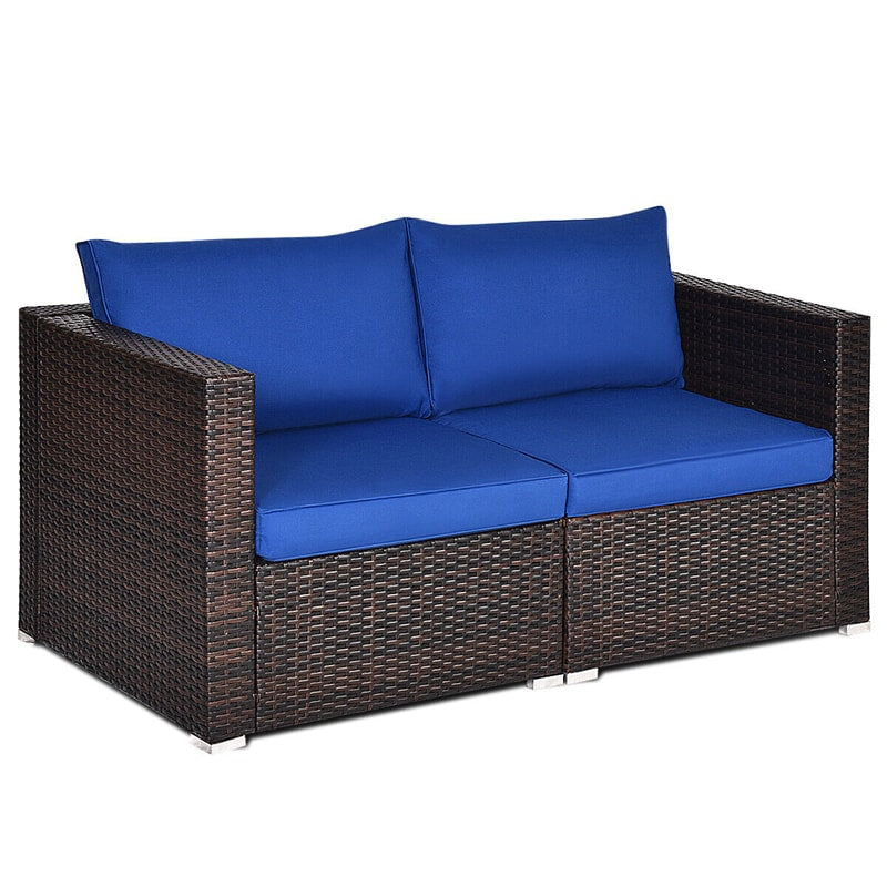 2 PCS Patio Rattan Corner Sofas Wicker Outdoor Loveseat with Cushions for Balcony Poolside Deck