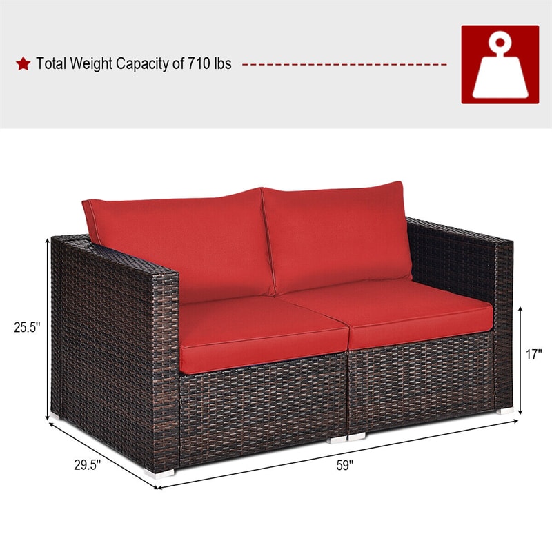 2 PCS Patio Rattan Corner Sofas Wicker Outdoor Loveseat with Cushions for Balcony Poolside Deck