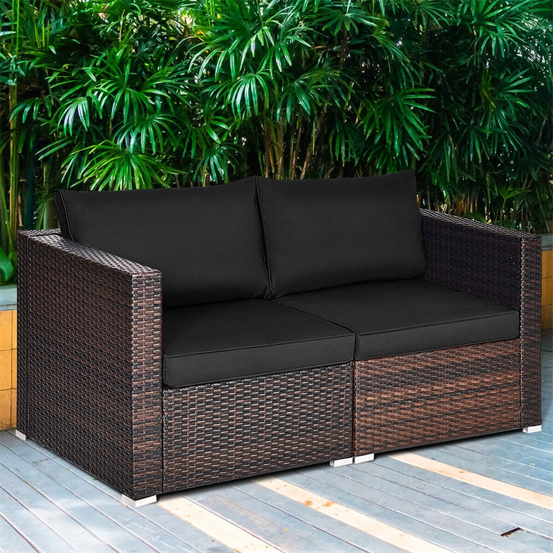 2 PCS Patio Rattan Corner Sofas Wicker Outdoor Loveseat with Cushions for Balcony Poolside Deck