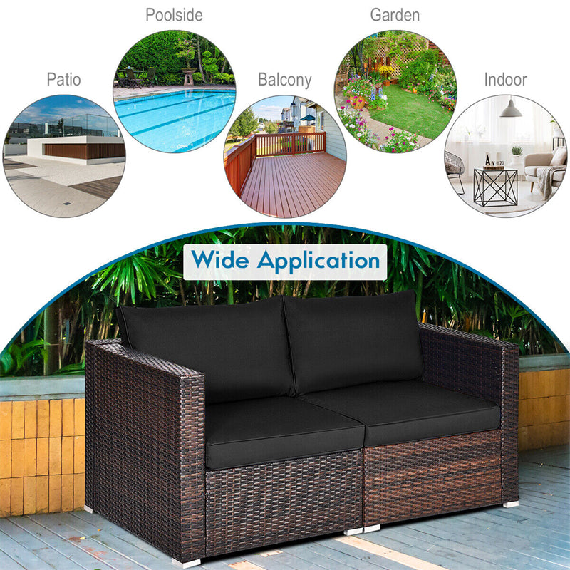 2 PCS Patio Rattan Corner Sofas Wicker Outdoor Loveseat with Cushions for Balcony Poolside Deck