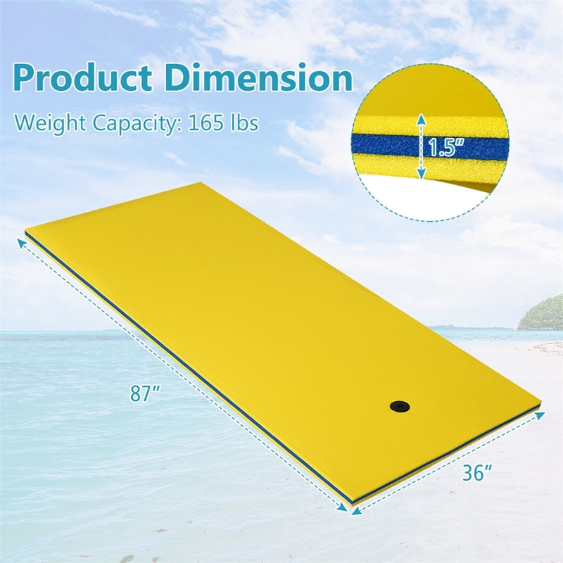 Floating Water Pad 3-Layer Tear Resistant XPE Foam Water Mat 87" x 36" Foam Pool Float with Rolling Pillow Design for Lake Water Activities