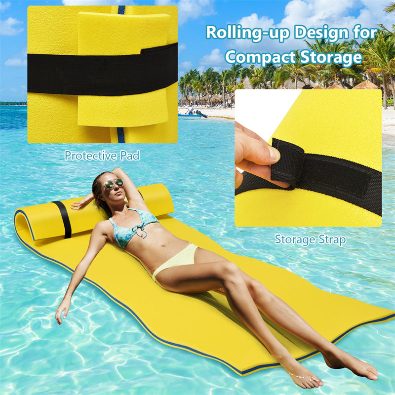 Floating Water Pad 3-Layer Tear Resistant XPE Foam Water Mat 87" x 36" Foam Pool Float with Rolling Pillow Design for Lake Water Activities