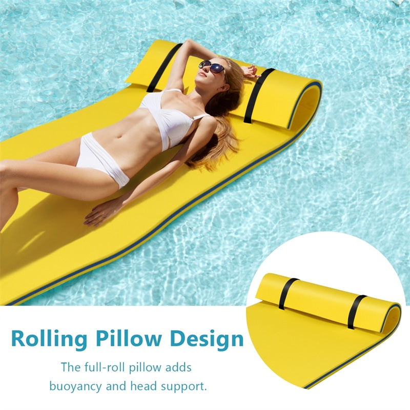 Floating Water Pad 3-Layer Tear Resistant XPE Foam Water Mat 87" x 36" Foam Pool Float with Rolling Pillow Design for Lake Water Activities