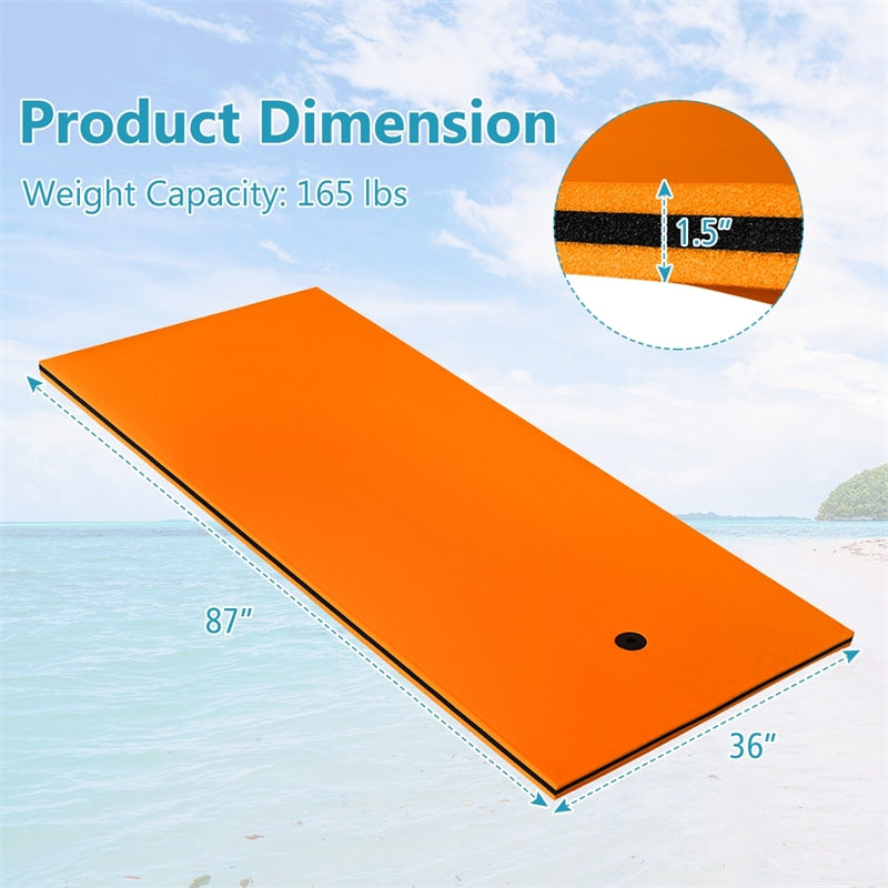 Floating Water Pad 3-Layer Tear Resistant XPE Foam Water Mat 87" x 36" Foam Pool Float with Rolling Pillow Design for Lake Water Activities